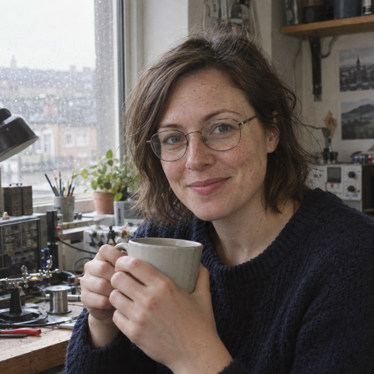Nell Ward beside her workbench